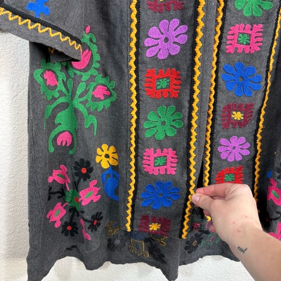 Ivy Jane Size L Embroidered Gray Longline Jacket Boho Folk Floral Appliqué Coat - Picture 3 of 6